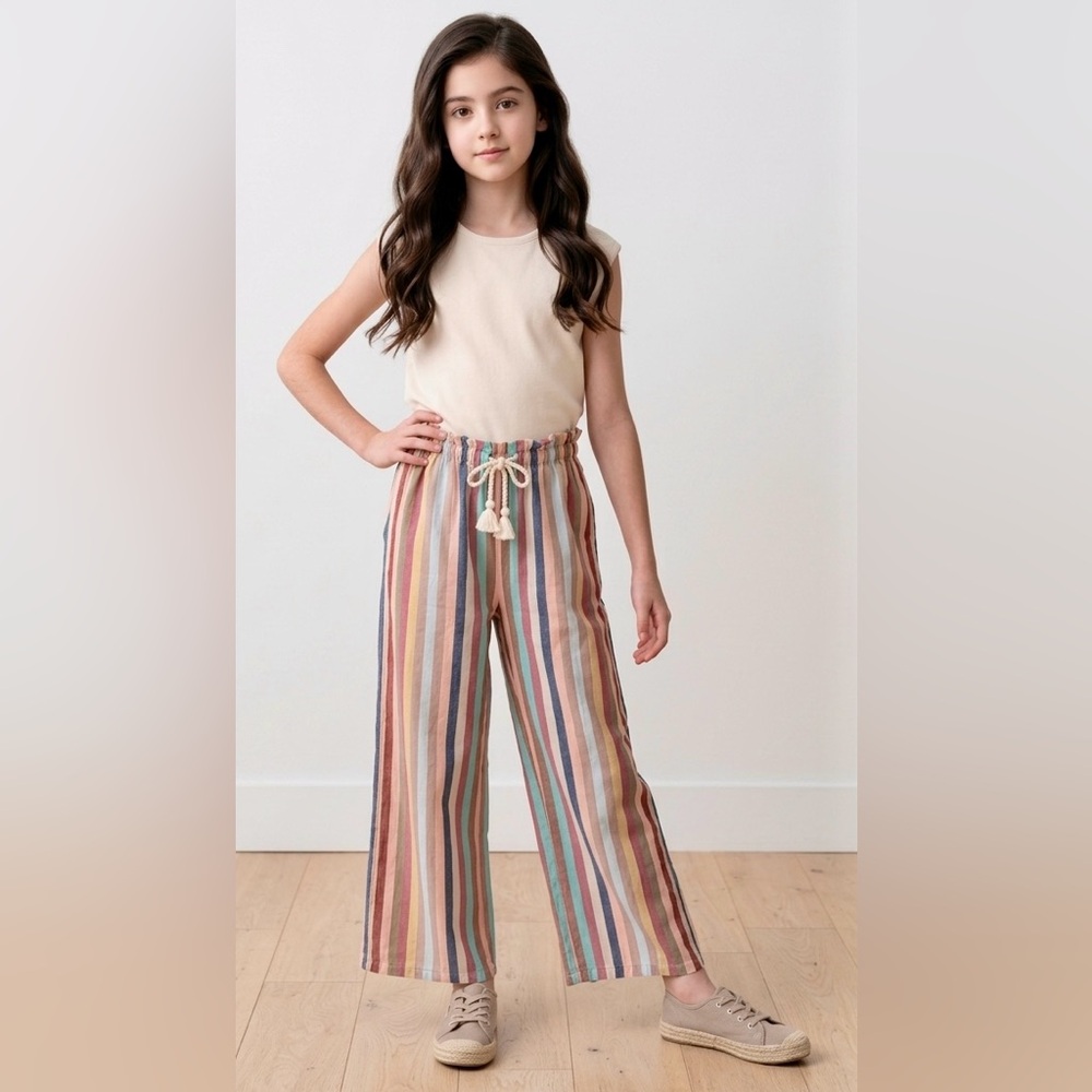 Pink Chicken Theodore Pants Vintage Multi-Stripe Little Girl’s 7Y Tassel Tie